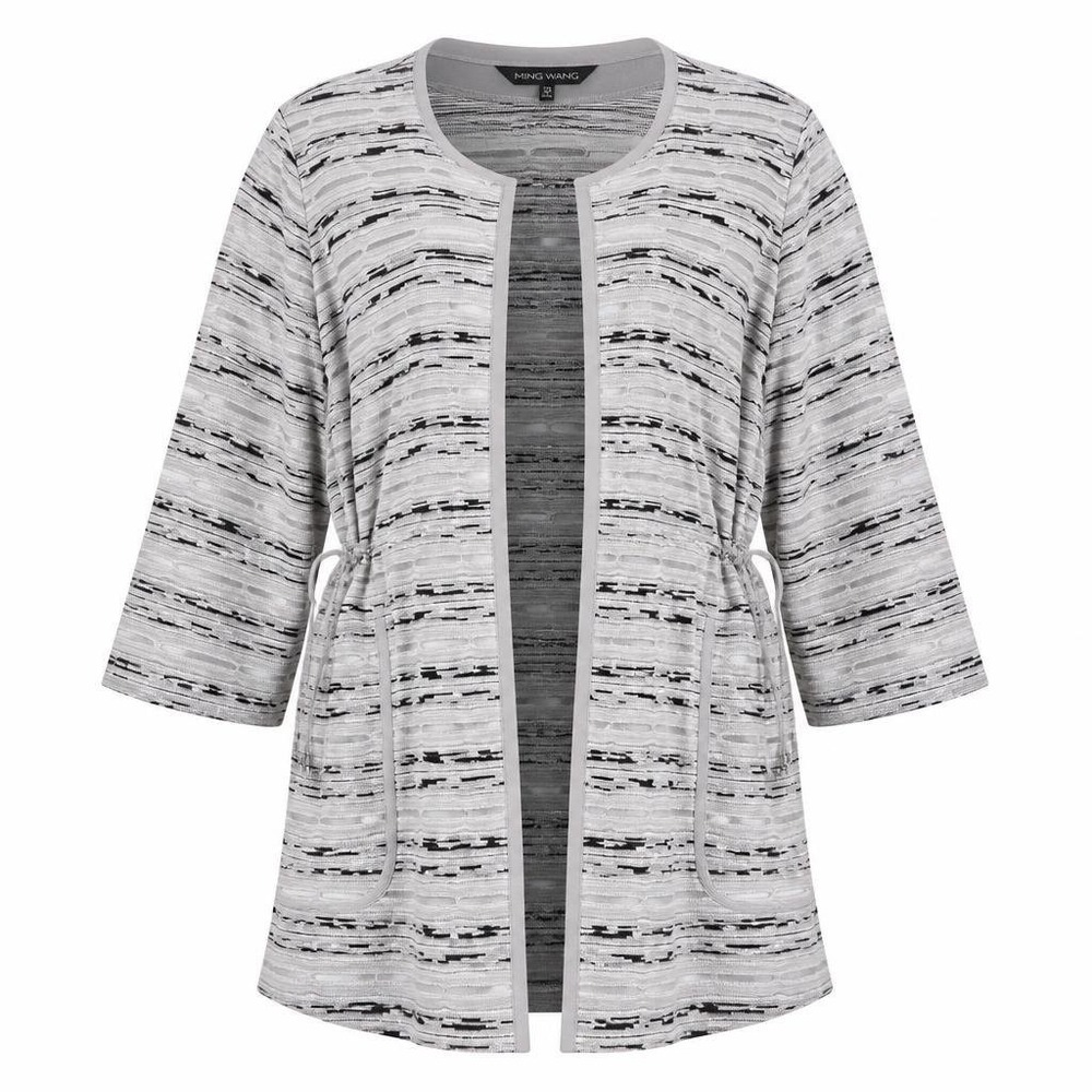 Ming Wang Jacket Womens 3X Black White Abstract Knit Open Front Long Pockets